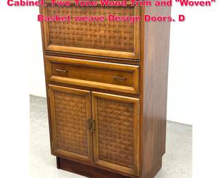 Lot 568 LANE Perception Walnut Tall Bar Cabinet. Two Tone Wood Trim and Woven Basket weave Design Doors. D