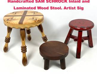 Lot 614 3pc Stool Lot. 1 Artisan Studio Handcrafted SAM SCHROCK Inlaid and Laminated Wood Stool. Artist Sig