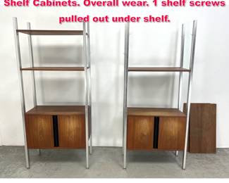 Lot 533 2pcs Jack Cartwright Founders Shelf Cabinets. Overall wear. 1 shelf screws pulled out under shelf.