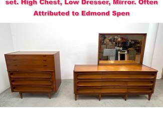 Lot 312 3pc Mid Century Modern Bedroom set. High Chest, Low Dresser, Mirror. Often Attributed to Edmond Spen