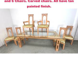 Lot 293 Large James Mont Dining Set. Table and 6 Chairs. Carved chairs. All have tan painted finish.