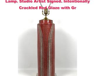 Lot 175 Tall Cylindrical Glazed Pottery Lamp. Studio Artist Signed. Intentionally Crackled Red Glaze with Gr