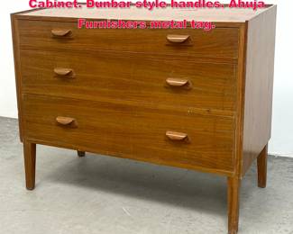 Lot 359 Mid Century Modern Low Dresser Cabinet. Dunbar style handles. Ahuja Furnishers metal tag.