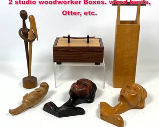 Lot 393 6pcs Mid Century Modern Wood Lot. 2 studio woodworker Boxes. wood busts, Otter, etc.