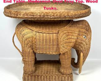 Lot 302 Woven Wicker Figural Elephant Side End Table. Modernist. Oval Tray Top. Wood Tusks.