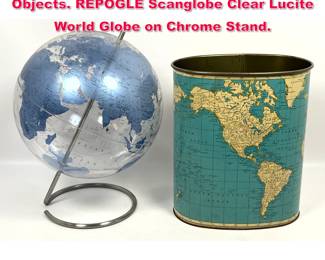 Lot 192 2pc World Map Vintage Household Objects. REPOGLE Scanglobe Clear Lucite World Globe on Chrome Stand.