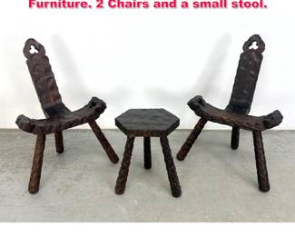 Lot 547 3pcs Spanish Brutalist Wooden Furniture. 2 Chairs and a small stool.