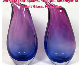 Lot 74 2pc Ombre Studio Art Glass Vases with Elegant Spouts. 16 Tall. Amethyst to Cobalt Glass. No artist