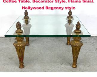 Lot 147 Italian Gilt Wood Leg Glass Top Coffee Table. Decorator Style. Flame finial. Hollywood Regency style