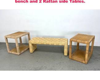 Lot 578 3pcs Rattan Furniture Cord woven bench and 2 Rattan side Tables.