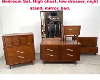 Lot 306 Merton Gershun Mid Century Modern Bedroom Set. High chest, low dresser, night stand, mirror, bed.