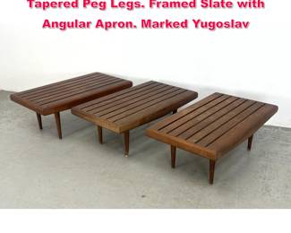 Lot 311 Collection 3 Modern Slat Benches. Tapered Peg Legs. Framed Slate with Angular Apron. Marked Yugoslav