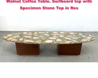 Lot 2 Mid Century Modern Green Agate and Walnut Coffee Table. Surfboard top with Specimen Stone Top in Res