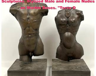 Lot 30 Pr PAUL WUNDERLICH Bronze Torso Sculptures. Stylized Male and Female Nudes on Marble Bases. Torse D