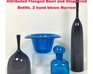 Lot 108 4pcs Mid Century Art Glass, Blenko Attributed Flanged Bowl and Stoppered Bottle. 2 hand blown Narrow