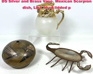 Lot 392 3pc Mid Century Modern Lot. 1980 DS Silver and Brass Vase. Mexican Scorpion dish, Lion head lidded p