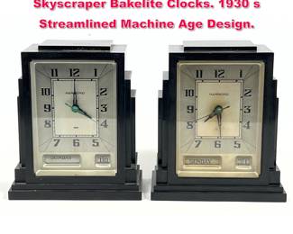 Lot 85 2pc Hammond Gregory Art Deco Skyscraper Bakelite Clocks. 1930 s Streamlined Machine Age Design.