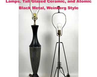 Lot 198 2pcs 50s Mid Century Modern Lamps. Tall Glazed Ceramic, and Atomic Black Metal, Weinberg Style