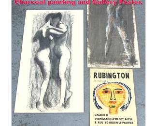 Lot 332 3pcs NORMAN RUBINGTON. 2 Charcoal painting and Gallery Poster.