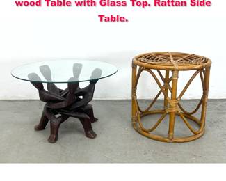 Lot 591 2pcs Side Tables. African Carved wood Table with Glass Top. Rattan Side Table.