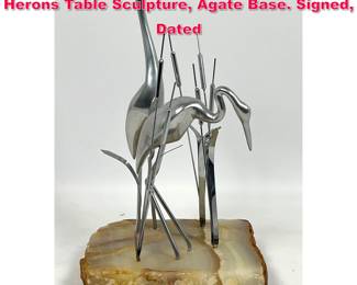 Lot 10 Mid Century C Jere 1980 Metal Herons Table Sculpture, Agate Base. Signed, Dated