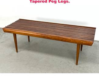 Lot 273 MCM Wood Slat Bench. Long Tapered Peg Legs.