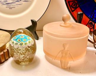 Egg shape glass paperweight, Nude pink covered glass container