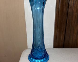 Vintage Peacock Blue Drapery Swung glass 12" vase