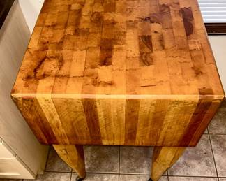 Vintage Butcher Block table on caster wheels, second view of top