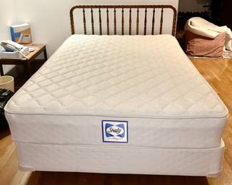 Full size Sealy mattress & box spring with vintage wooden spindle bed
