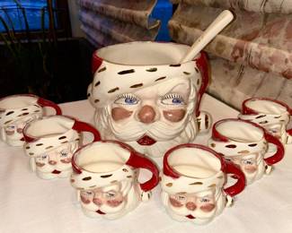 Vintage 1951 ceramic Santa punch bowl set