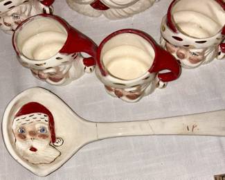 Vintage 1951 ceramic Santa punch bowl set with ladle (2 cracks that have been glued)