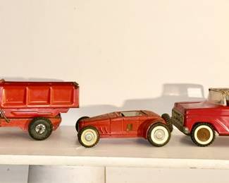 Buddy L dump truck, vintage middle car, Tonka pick-up truck