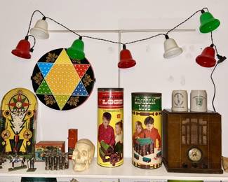 Vintage toys, vintage plastic Christmas bells, Vintage tube radio (non-working), stoneware beer mugs (some SOLD)