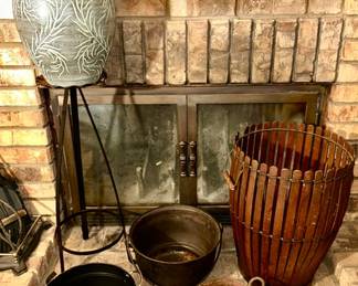 Modern large vase, black metal plant stand, cast metal 3-leg bean kettle w/ handle, hand-hammered 2-handle bowl, Antique Shaker-Style "Picket Fence" handled gathering basket