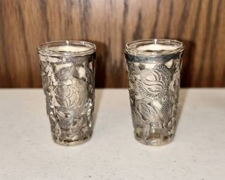 Mexican sterling silver filigree overlay with glass shot glasses