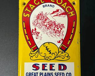 Rare Vintage Stage Coach Brand Seed Metal Advertising Sign. Vintage Stage Coach Seed Metal Sign, Great Plains Seed Co., Sioux Falls, South Dakota.