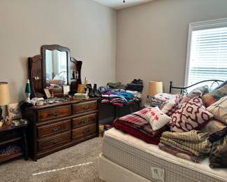 Throw pillows, bed, dresser, lava lamps