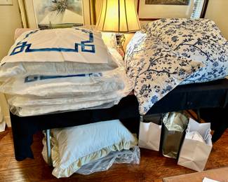 qty 4 custom hand painted Euro shams with pillow inserts, appear to have not been used. Laura Ashley king blue and white reversible comforter.