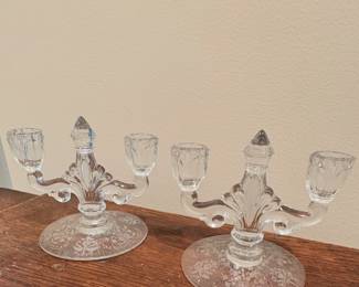 vintage Heisey crystal double light candlestick featuring the "Orchid" etch pattern