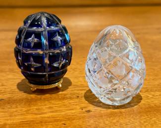 Fabergé Coronation Cobalt Blue Egg and Faberge clear cut crystal egg.