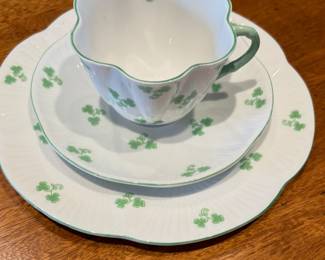 Shelley Fine Bone China teacup, saucer, and lunch plate set in the "Shamrock" pattern