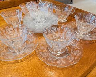 Heisey Orchid etched glass cups and saucers.