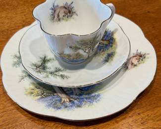 Shelley "Bluebell Wood" tea trio, which includes a teacup, saucer, and salad plate.