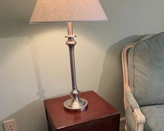 vintage Thanh Le red lacquer wood side table with a brass ring pull and Hailey Home Wilmer 28-in brushed nickel table lamp