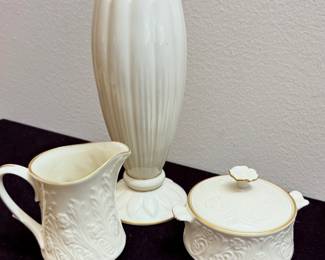 Lenox 9-inch Ivory China Vase with gold trim
And Sugar and Creamer set