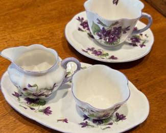vintage fine bone china tea set with sugar and creamer set  by Shelley, in the "Violets" pattern.