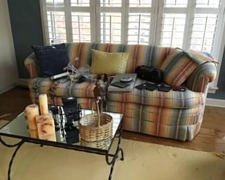 Beautiful smaller size mirrored coffee or side table and custom smaller sofa.