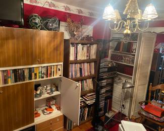 books, music, photo albums and a huge post card collection.