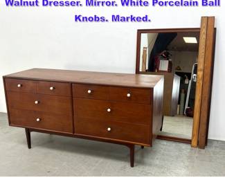Lot 1185 2pc DREXEL American Modern Walnut Dresser. Mirror. White Porcelain Ball Knobs. Marked. 